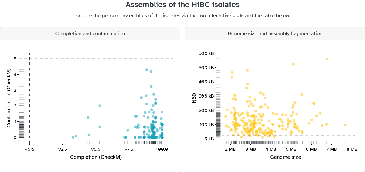 Assemblies of the HiBC isolates where one can explaire genome assemblies of the available isolates via interactive plots