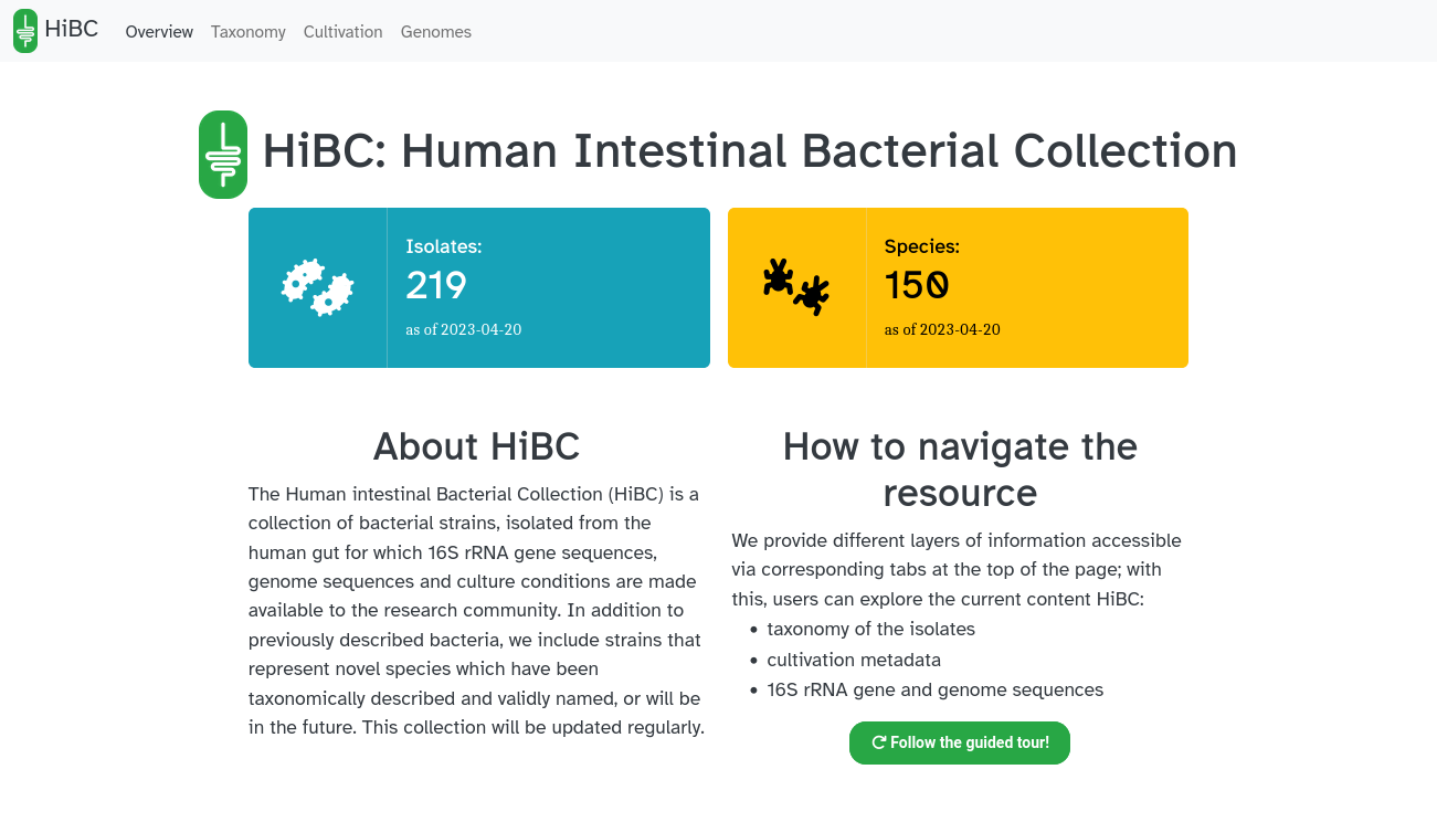 HiBC overview showing information on the project and to navgiate within the web app
